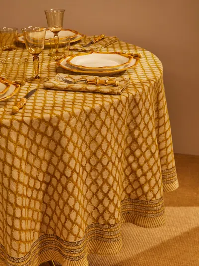 Chamois Cypress Block-printed Linen Round Tablecloth (86.5in/2.2m)