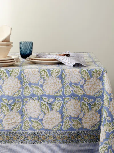 Chamois Dahlia Block-printed Linen Rectangular Tablecloth (138in/3.5m)