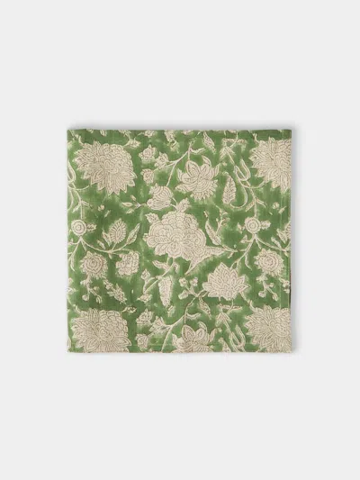 Chamois Indian Rose Block-printed Linen Napkins (set Of 4) In Green