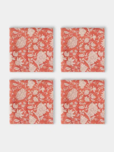 Chamois Indian Rose Block-printed Linen Napkins (set Of 4) In Red