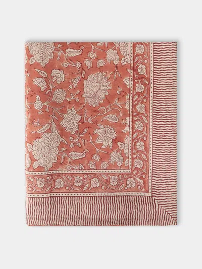Chamois Indian Rose Block-printed Linen Rectangular Tablecloth (138in/3.5m) In Red