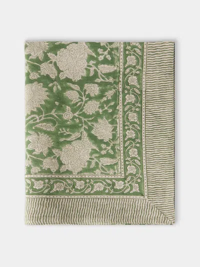 Chamois Indian Rose Block-printed Linen Rectangular Tablecloth (90.5in/2.3m) In Green