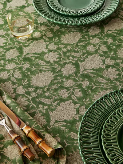 Chamois Indian Rose Block-printed Linen Round Tablecloth (86.5in/2.2m) In Green