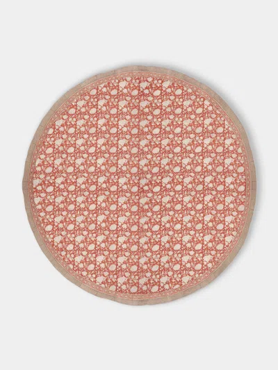 Chamois Indian Rose Block-printed Linen Round Tablecloth (86.5in/2.2m) In Pink