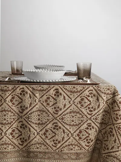 Chamois Jaipur Block-printed Linen Round Tablecloth (86.5in/2.2m) In Brown