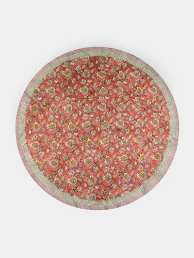 Chamois Pomegranate Block-printed Linen Round Tablecloth (71in/1.8m)