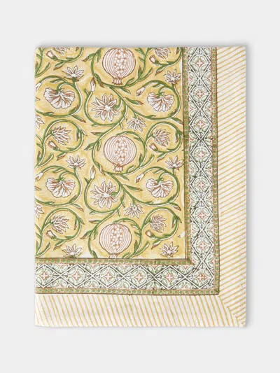 Chamois Tangier Pomegranate Block-printed Cotton Rectangular Tablecloth (106.5in/2.7m) In White