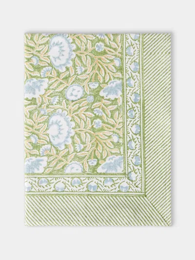 Chamois The Garden Of Mathilde Block-printed Cotton Rectangular Tablecloth (138in/3.5m) In Green