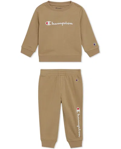Champion Baby Boys 2-piece Long Sleeve Crew Sweatshirt And Joggers Set In Brown