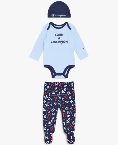 Champion Baby Boys' Round Neck Long-sleeve Bodysuit Pants & Hat, 3-piece Set In Multi