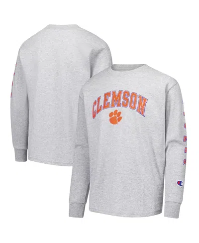 Champion Big Boys And Girls Gray Clemson Tigers Distressed Arch Over Logo Long Sleeve T-shirt