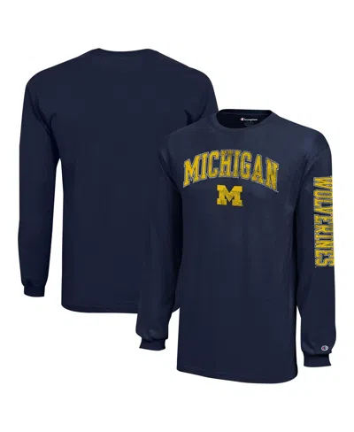 Champion Kids' Big Boys And Girls Navy Michigan Wolverines Distressed Arch Over Logo Long Sleeve T-shirt In Blue