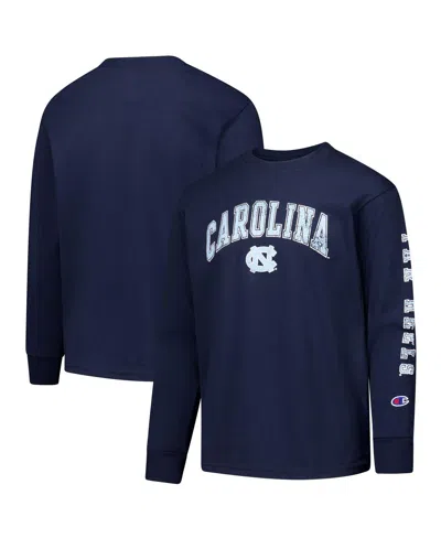 Champion Kids' Big Boys And Girls Navy North Carolina Tar Heels Distressed Arch Over Logo Long Sleeve T-shirt In Blue