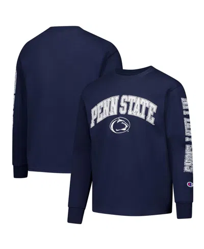 Champion Kids' Big Boys And Girls Navy Penn State Nittany Lions Distressed Arch Over Logo Long Sleeve T-shirt In Blue