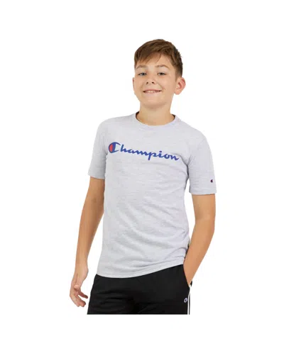 Champion Kids' Big Boys Classic Script Logo T-shirt In Grey Heather