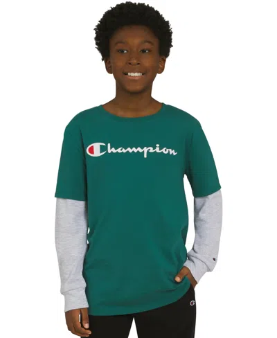 Champion Kids' Big Boys Layered-look Logo Graphic T-shirt In Green