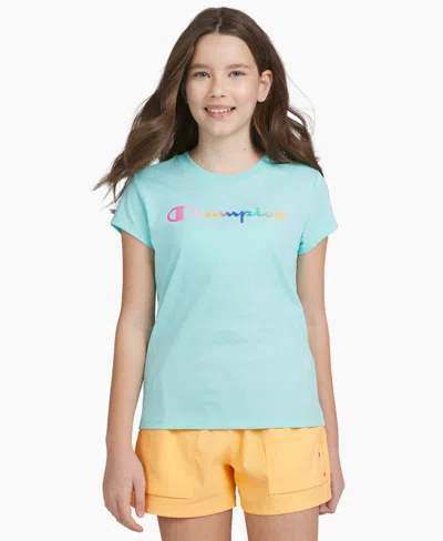 Champion Kids' Big Girls Rainbow Script Logo T-shirt In Aqua Blue