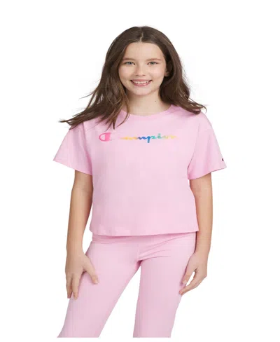 Champion Kids' Big Girls Script Logo Meet Greet Crewneck T-shirt In Light Pink