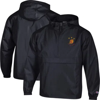 Champion Black Usc Trojans Packable Hooded Windbreaker Half-zip Jacket In Blue