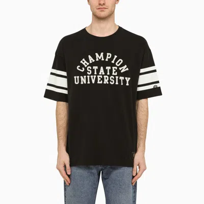 CHAMPION BLACK/WHITE COTTON T-SHIRT WITH LOGO EMBROIDERY