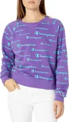 CHAMPION CAMPUS FRENCH TERRY PRINT CREW SWEATSHIRT IN SOLID SCRIPTS/PURPLE CRUSH