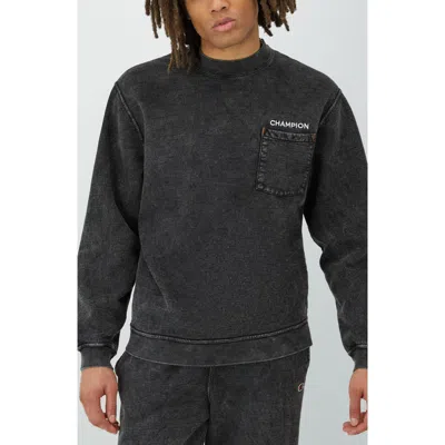 Champion Chest Pocket Washed Crewneck Sweatshirt In Black