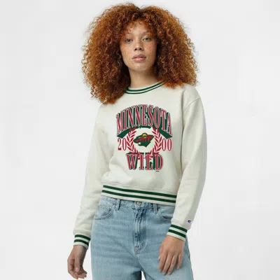 Champion Cream Minnesota Wild Bold Laurels Reverse Weave Yarn Crewneck Sweatshirt In White
