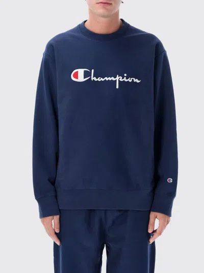 Champion Crewneck Cotton Sweatshirt With Contrast Logo And Dropped Shoulders In Blue