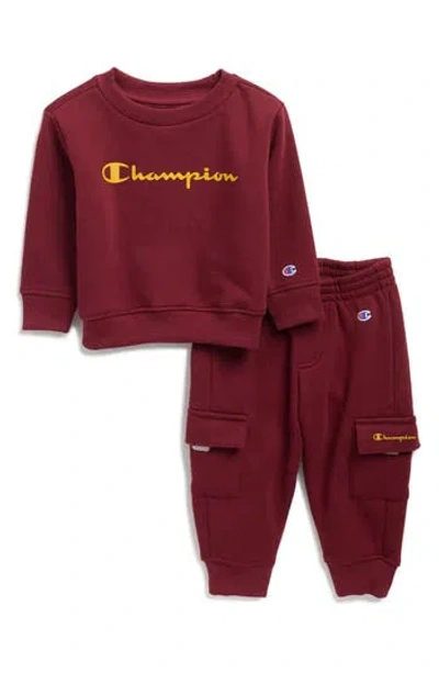 Champion Babies'  Crewneck Sweatshirt & Fleece Cargo Joggers Set In Burgundy