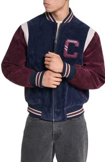 Champion Faux Suede Varsity Bomber Jacket In Blue