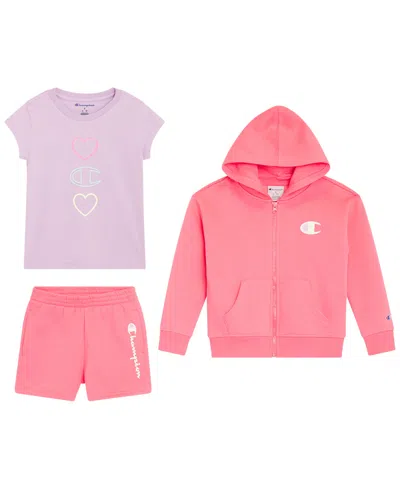 Champion Kids' Girls' 4-6x Logo T-shirt, Zip Up Hoodie And Shorts, 3-piece Set In Multi