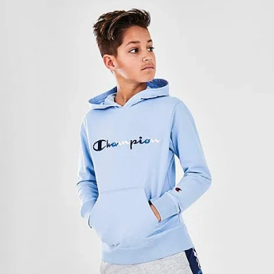 Champion Kids' Tricolor Script Logo Pullover Hoodie In Mache Blue
