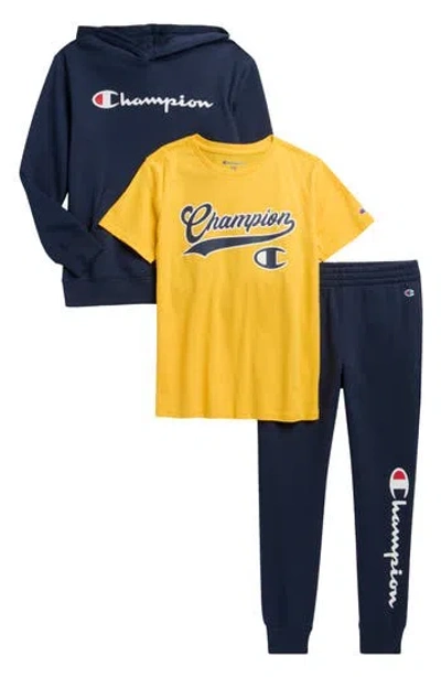 Champion Kids' T-shirt, Hoodie & Joggers Set In Dark Navy