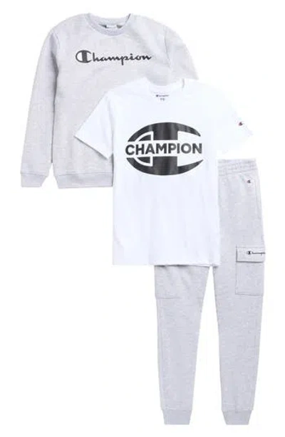 Champion Kids' T-shirt, Sweatshirt & Cargo Joggers Set In Bright White