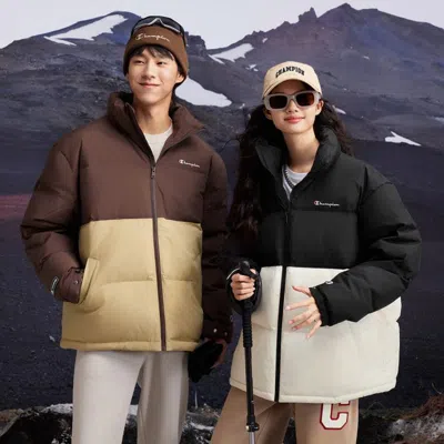 Champion 【品牌直营】秋冬男女草写刺绣logo拼色羽绒服立领休闲保暖 In Brown