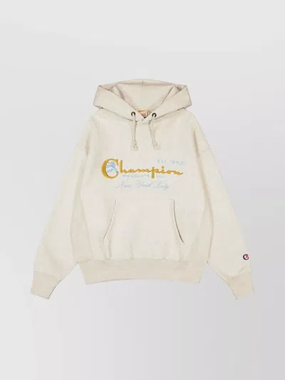 Champion Logo Hooded Sweatshirt Kangaroo Pocket In White