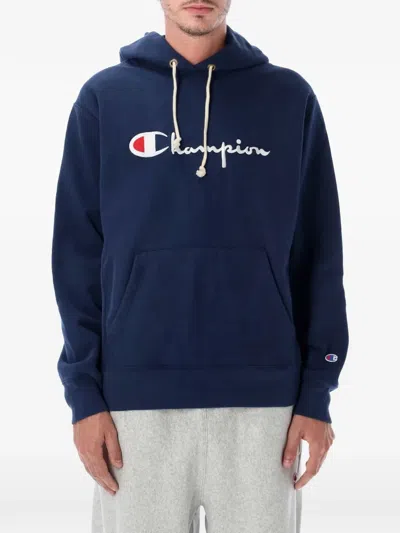 Champion Reverse Weave Fleece Hoodie With Embroidered Chest Logo In Blue