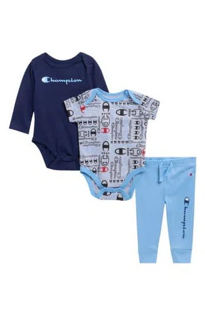 Champion Babies'  Long Sleeve Bodysuit, Short Sleeve Bodysuit & Leggings Set In Blue