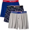 CHAMPION MEN'S 3-PACK COTTON STRETCH BOXERS IN BLUE/GREY HEATHER/SURF BLUE