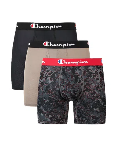 Champion Men's 3-pack Lightweight Stretch Moisture Wicking Mesh Boxer Briefs In Grey/ebony/red W/ Grey Print In Multi