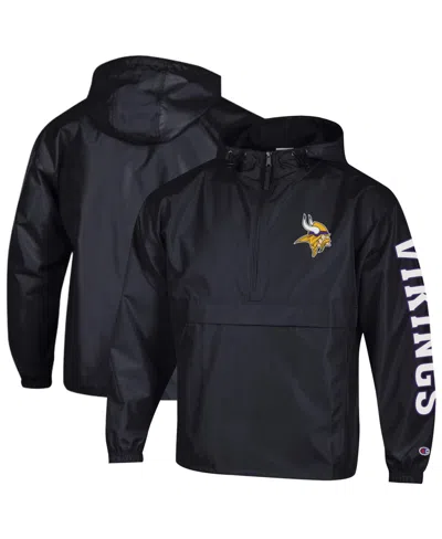 Champion Men's Black Minnesota Vikings Packable Hooded Windbreaker Half-zip Jacket