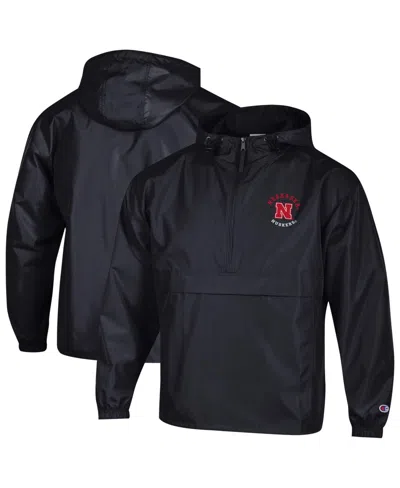 Champion Men's Black Nebraska Huskers Packable Hooded Windbreaker Half-zip Jacket