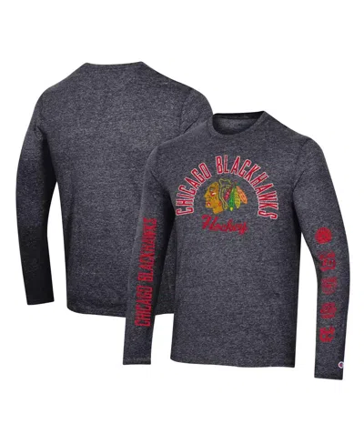 Champion Men's  Heather Black Distressed Chicago Blackhawks Multi-logo Tri-blend Long Sleeve T-shirt