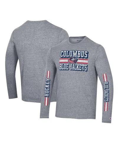 Champion Men's  Heather Gray Distressed Columbus Blue Jackets Tri-blend Dual-stripe Long Sleeve T-shi