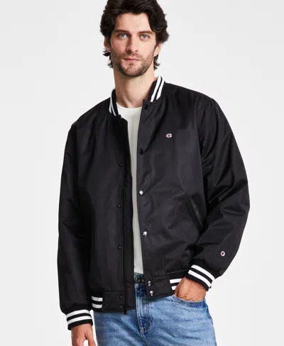 Champion Men's Classic Logo Striped-trim Varsity Jacket In Black