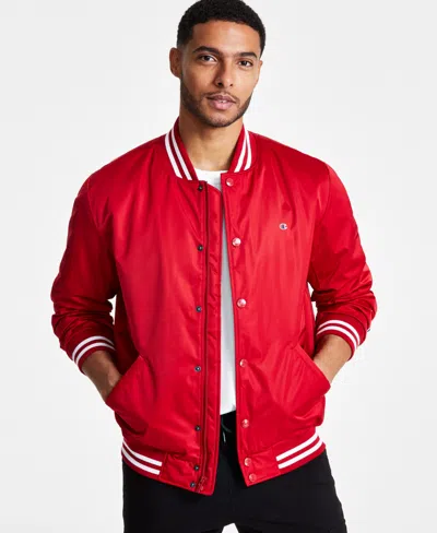 Champion Men's Classic Logo Striped-trim Varsity Jacket In Chili Pepper Red
