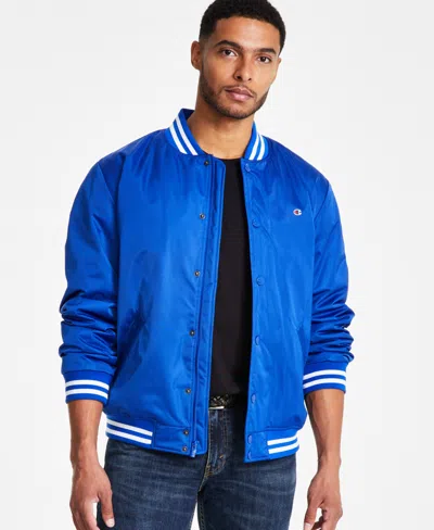 Champion Men's Classic Logo Striped-trim Varsity Jacket In Royal Blue (surf The Web)