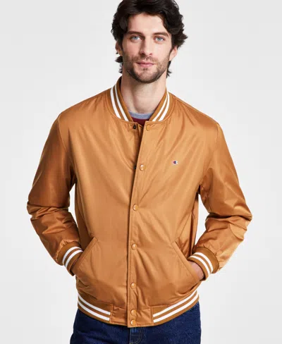 Champion Men's Classic Logo Striped-trim Varsity Jacket In Tobacco Brown