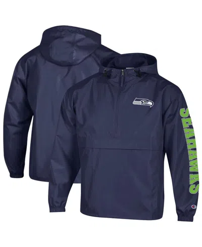 Champion Men's College Navy Seattle Seahawks Packable Hooded Windbreaker Half-zip Jacket In Blue