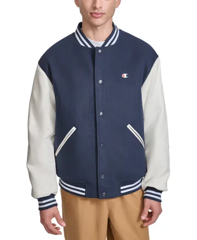 Champion Men's Colorblocked Mixed-media Varsity Jacket In Navy,white